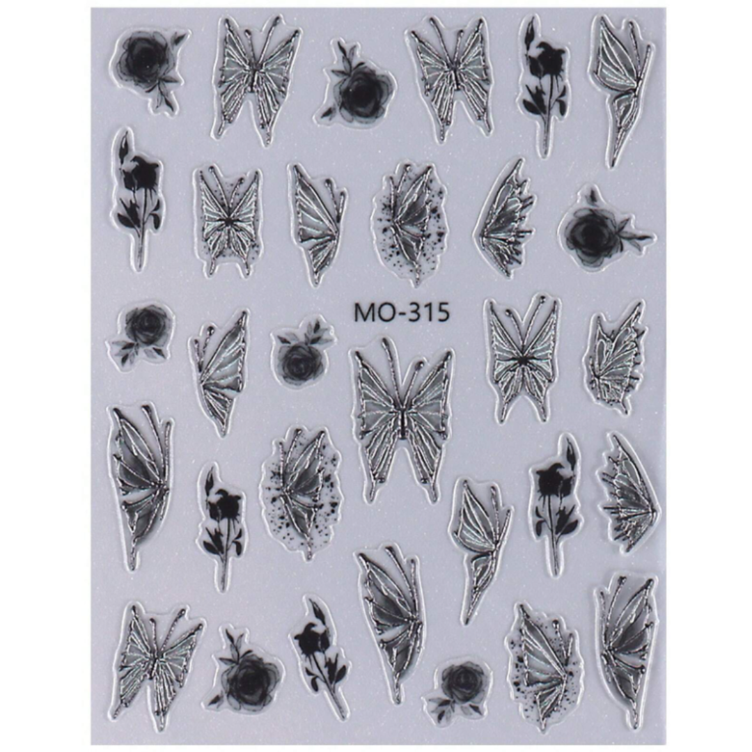 MOSR Nail Art Sticker Black White Butterfly Rose